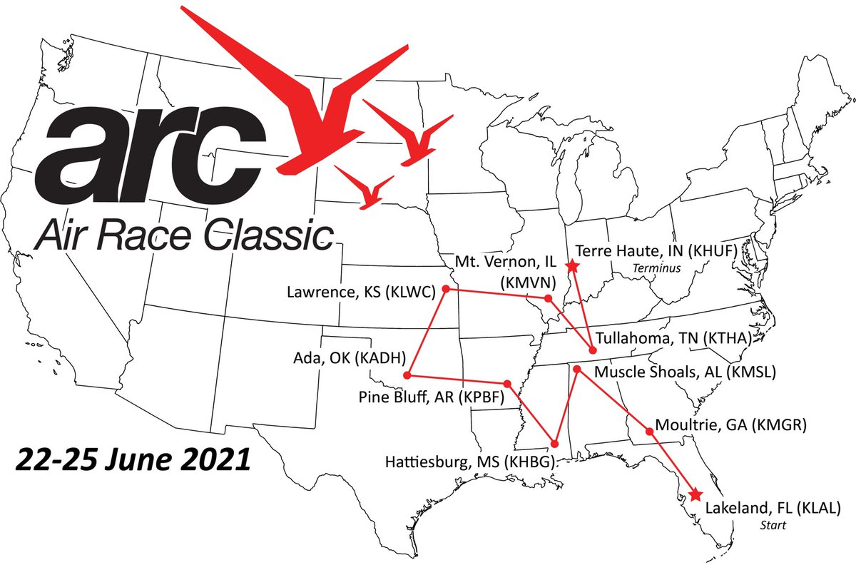 AirRaceClassic (@authenticarc) on Twitter photo The wait is over!! The 2021 Air Race Classic route will start in Lakeland, FL and end in Terre Haute, IN! Follow along this month as we post up facts and fun tidbits about each airport along the route. And don’t forget to start your own race preparations!! The wait is over!! The 2021 Air Race Classic route will start in Lakeland, FL and end in Terre Haute, IN! Follow along this month as we post up facts and fun tidbits about each airport along the route. And don’t forget to start your own race preparations!!