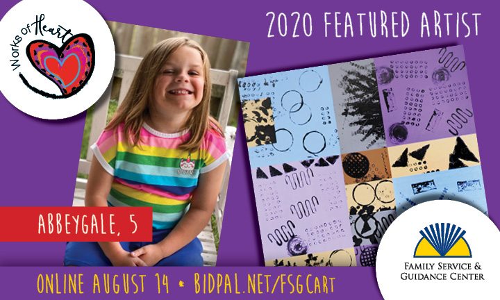 fsgctopeka's tweet image. AbbeyGale is adorable &amp;amp; a 2020 #worksofheart Featured Artist! She helped her therapeutic preschool friends created this very unique block print using everyday items. Register now for the 1st-ever virtual Works of Heart Event! Visit bidpal.net/FSGCart &amp;amp; click on "Sign In."