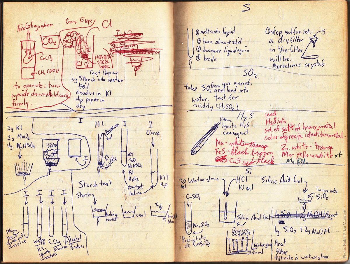 Take a look at the notebook that belonged to the 8-year-old future chemist and #NobelPrize laureate Roger Tsien. His blossoming interest in chemistry is evident in his lists of basic elements and minerals. He also copied sketches of chemistry experiments from his chemistry book.