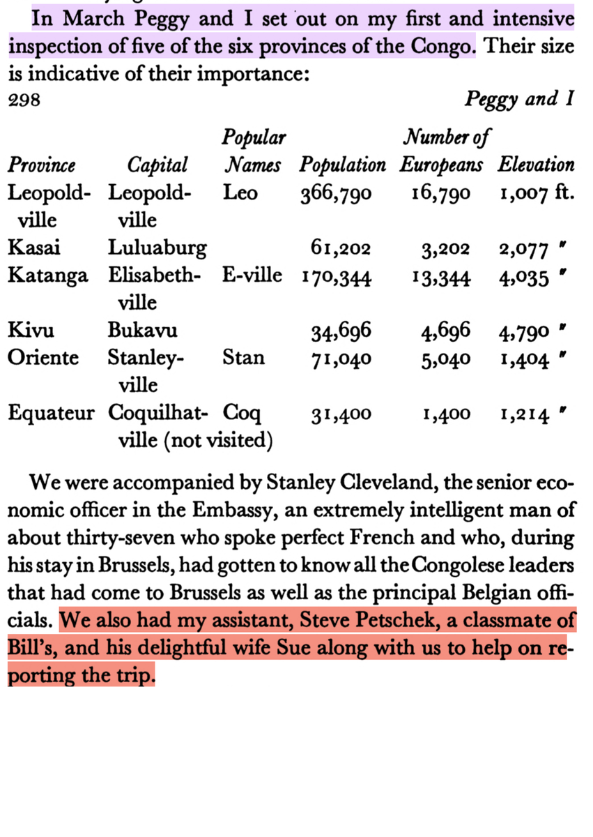 In March of 1960, Burden took a fateful trip to the Congo with Larry Devlin, the CIA station chief. Accompanying them on this trip? Petschek, naturally (as recalled by Burden in his memoirs Peggy and I).