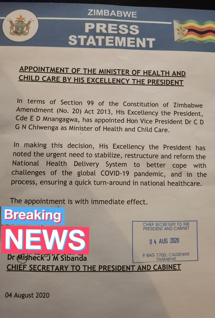 I'm tired of commenting on Mnangagwa and his rule, but then look who he has appointed Health minister: Constantino Chiwenga, his co-deputy. Simply because he wants to appease him for his own political survival. But appeasement doesn't work in high-stakes power struggles.
