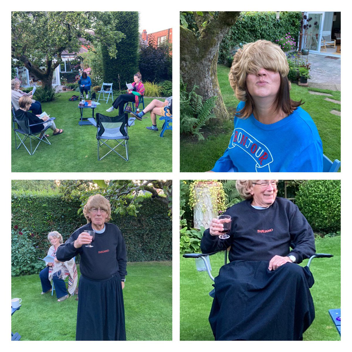 Gorgeous summer evening reading Handbagged and having a long overdue catch up with these lovely people, and this wig ❤🎭 #staffordplayers #ahaaaandbaaaag @AndreaKeady <a href="/misssmithdrama/">Carly Smith</a>