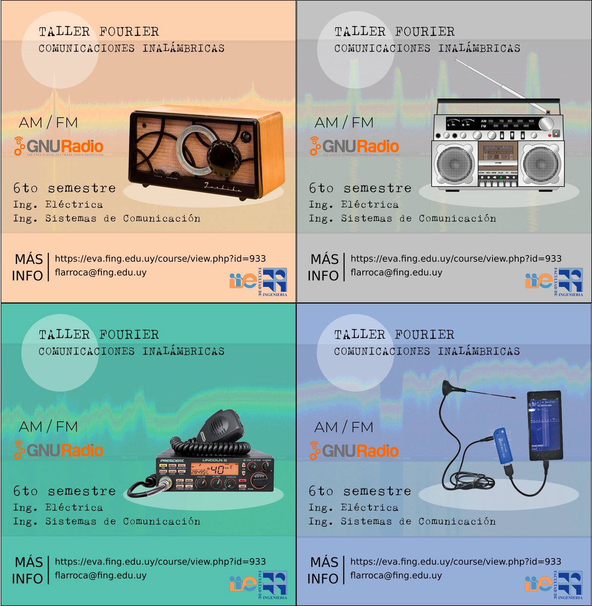 Este semestre vuelvo a dictar "Taller Fourier - Comunicaciones Inalámbricas". Vemos muestreo, aliasing, filtrado, y modulaciones analógicas (AM, FM, SSB y alguna sorpresa). Todo desde la práctica y usando <a href="/gnuradio/">GNU Radio Project</a>. Incluso cada grupo se lleva un #SDR.

bit.ly/3fniAgc