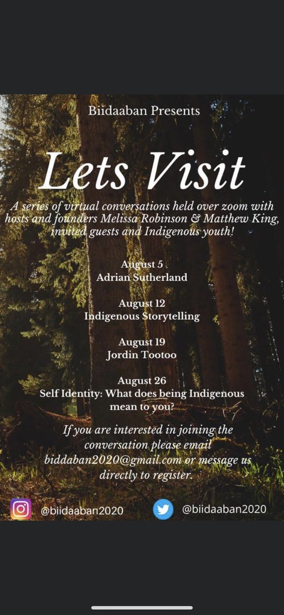 biidaaban2020's tweet photo. Our “Let’s Visit” project is launching tomorrow night at 7pm! Please join hosts, Melissa and Matt and our invited guest, Adrian Sutherland. #biidaaban #letsvisit #supportindigenousyouth https://t.co/RSNmbXyvrW