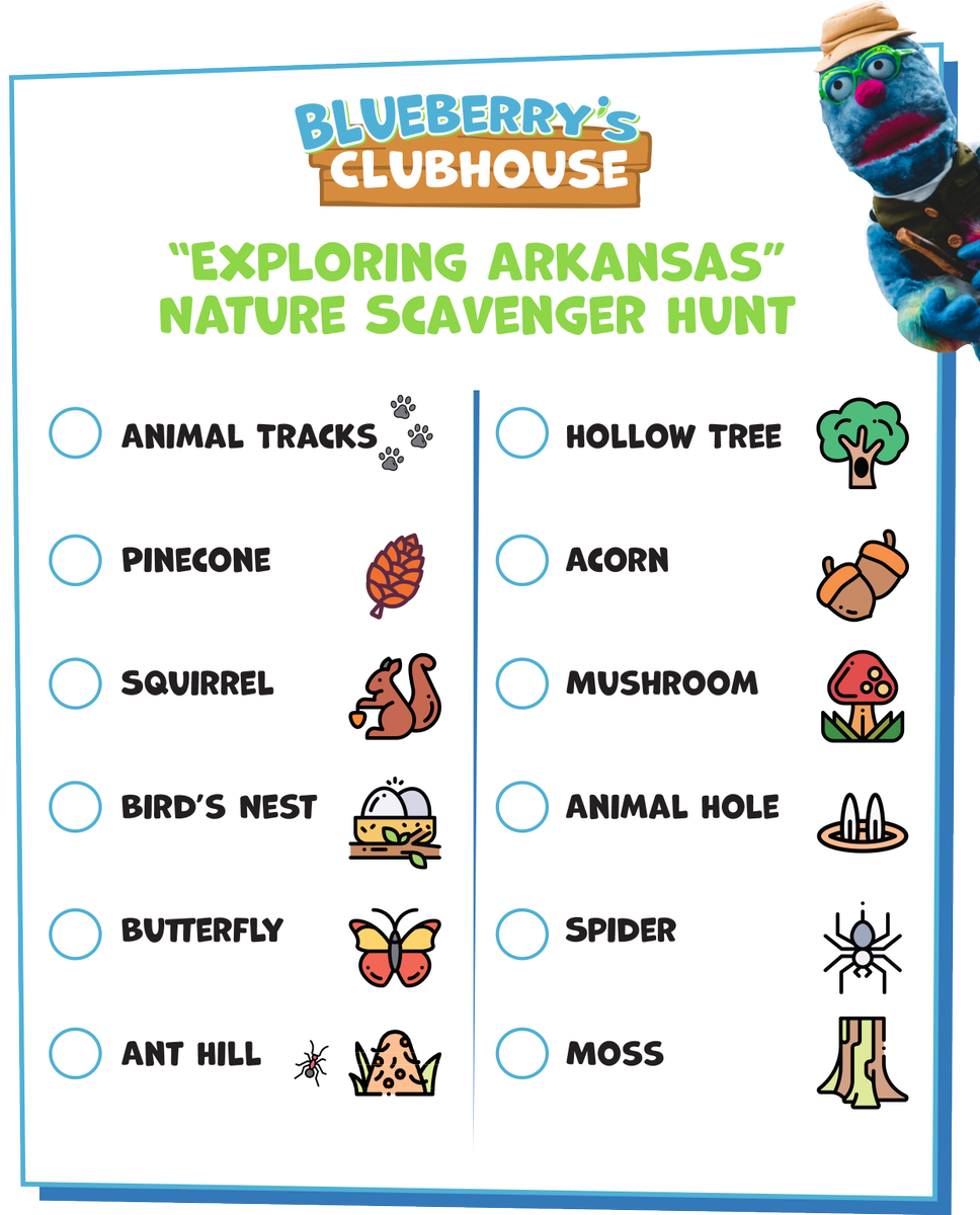 ArkansasTV_'s tweet photo. On #BlueberrysClubhouse, #ExploringAR host Chuck Dovish showed us that — with an adventurer’s heart — we can look closely at the places we love and find something that’s new or changing almost every day!
Test out your observation skills with a Nature Scavenger Hunt activity: https://t.co/TdG8fhLWNv
