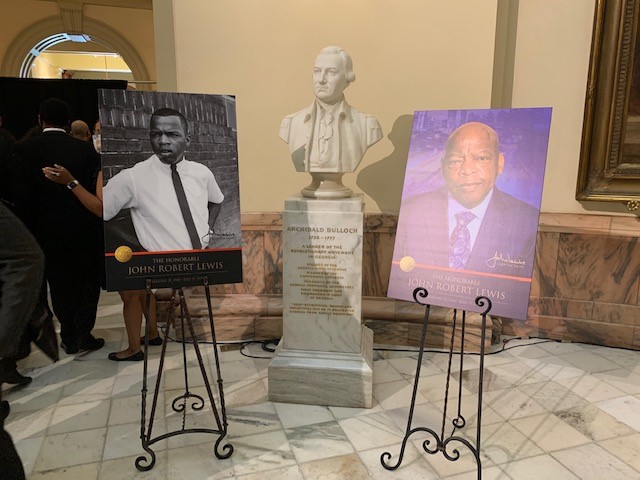 HankStaffers's tweet photo. .@RepHankJohnson district staffers Xeron Pledger, Maria Fernanda Lancheros &amp; Ana Moylan attended the memorial for @repjohnlewis at the GA Capitol last week. #GoodTrouble https://t.co/MUN8NTp91M