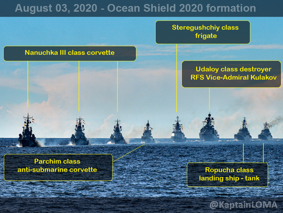 KaptainLOMA's tweet photo. Around 30 warships will participate in #Russia's #OceanShield2020 this year. Eight of them were seen in a line formation leaving the Baltiysk naval base at #Kaliningrad on August 3rd. https://t.co/6XTyA2sbmZ