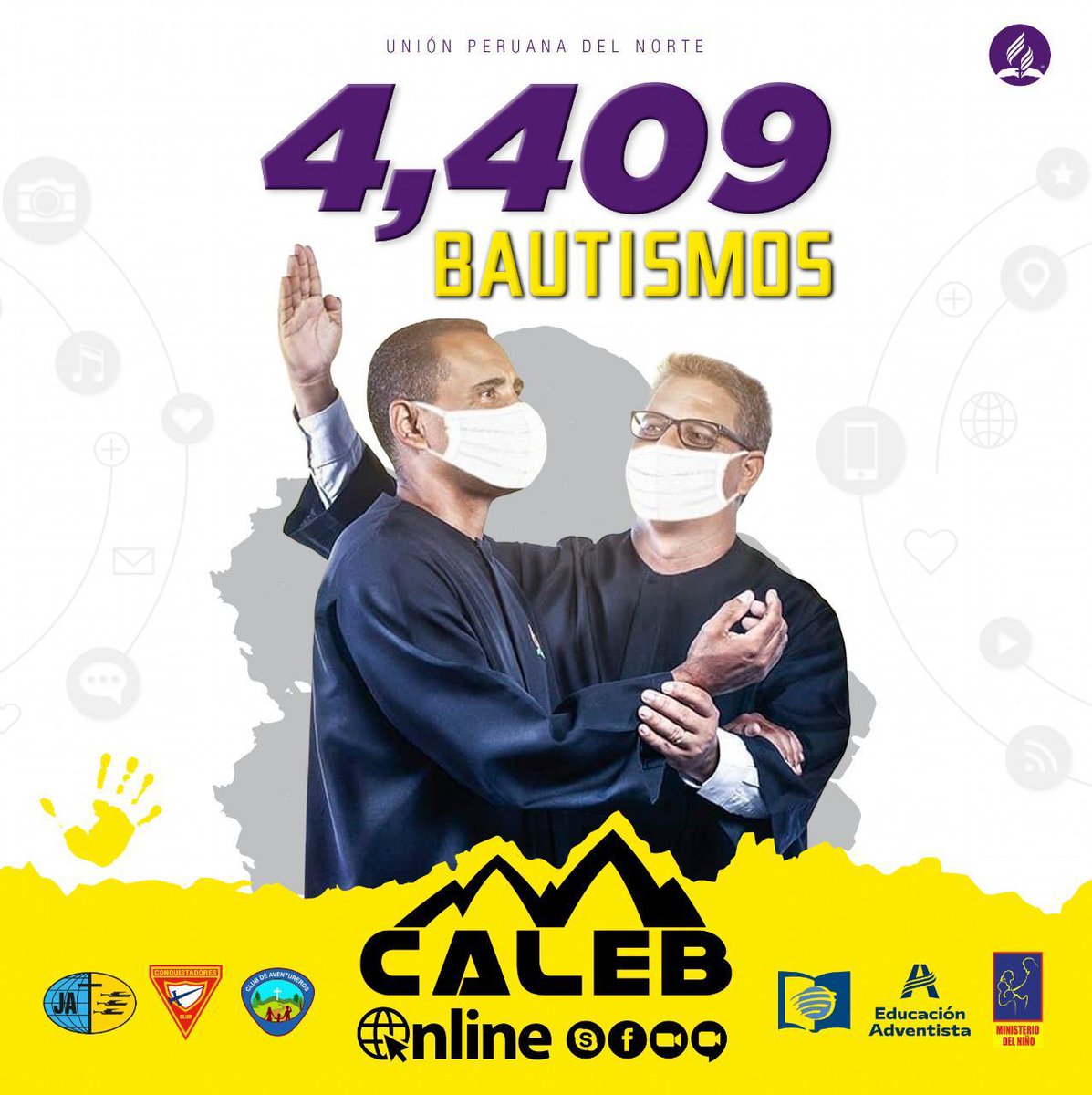 luisnurena94's tweet photo. 🚨 Agradecemos a Dios y a toda la iglesia de @AdventistasUPN 🙌🏻 por la fidelidad desplegada en #CalebOnlineUPN #UnaVozDeEsperanza 😀🤚🏼. En esta campaña online, fueron *bautizadas 4,409 personas* 🔥. Celebremos esta victoria🎊🎉, porque ¡la misión no está en cuarentena! ⚠️❗ https://t.co/6GQENSIYop