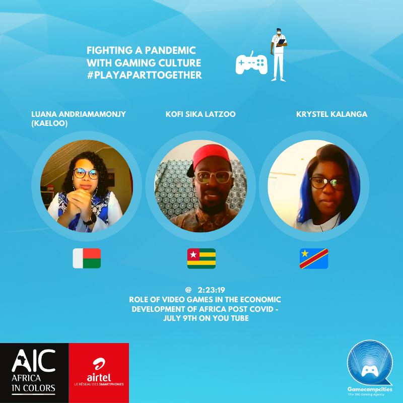 thegamecamper's tweet photo. Fighting #covid19 's pandemic with @WHO using social distancing & #gamification : The @zynga led initiative campaign #PlayaPartTogether with @luana_karen_ , @kofisikaandI . An @africaincolors debate moderated by @k_kalanga #kebetu #health #edu https://t.co/ad5qzp3G71 #gcc360 https://t.co/t5iIUJC7Ne