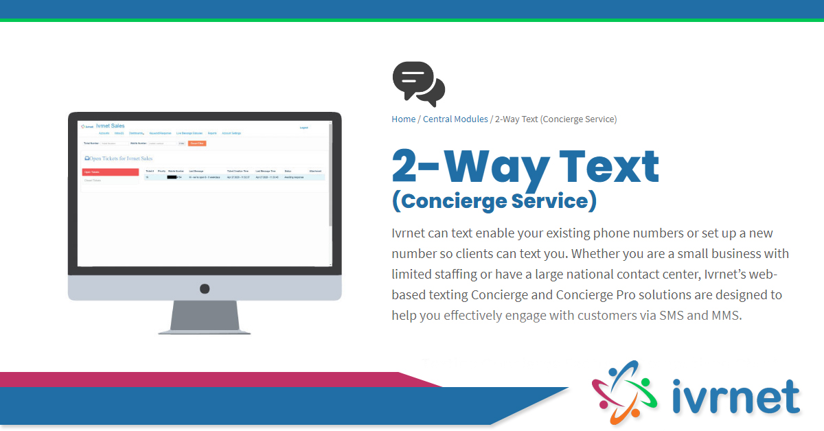 Ivrnet_Inc's tweet photo. Ivrnet 2-Way Texting Concierge: enable residents to text your existing contact number.

Visit us for more info: https://t.co/vwhLYn7l0F

#2waytextingsoftware #textingconcierge #textingservice https://t.co/t9avpWvxGE