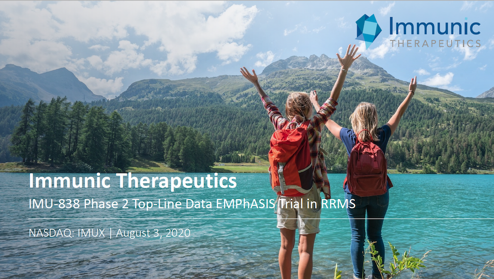 ImmunicInc's tweet photo. If you missed yesterday's public conference call and webcast on our positive top-line data from the phase 2 #EMPhASIS trial of #IMU838 in #RelapsingRemittingMultipleSclerosis, you can access the replay here: https://t.co/Sjz82JHr2T $IMUX https://t.co/66OtZfVchH