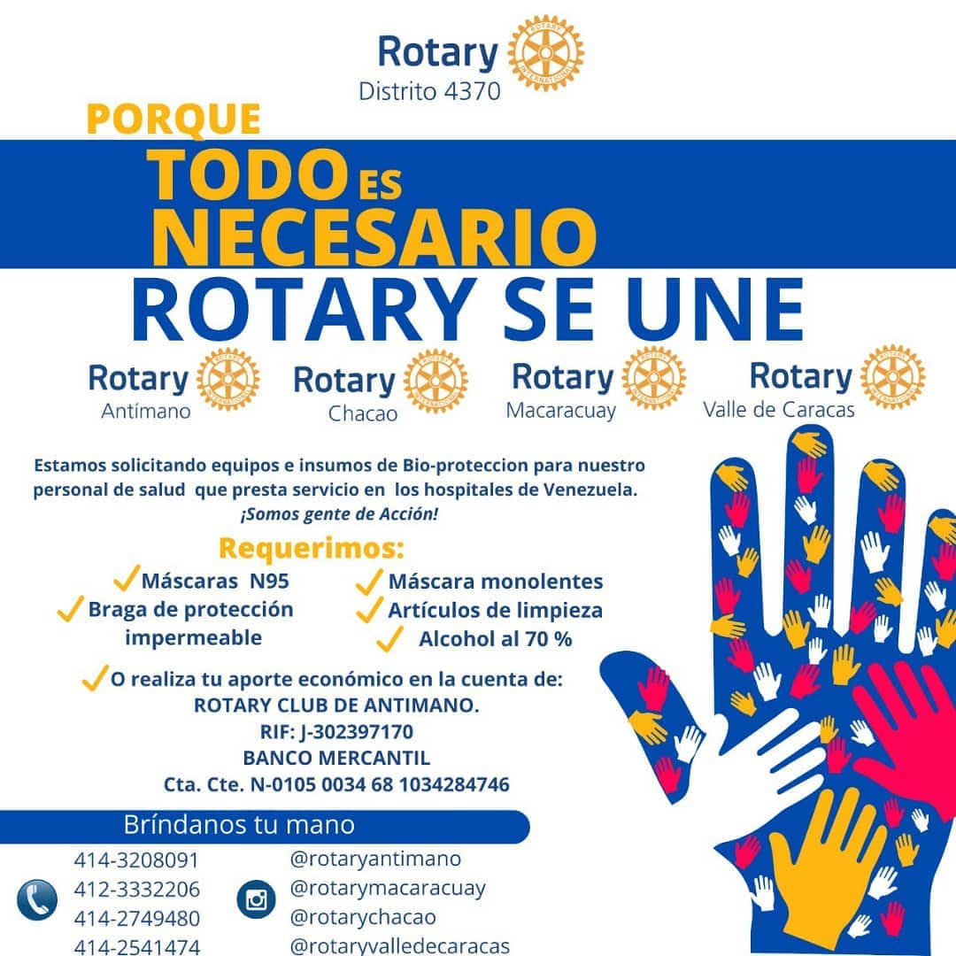Rotarychacao's tweet photo. *Porque TODO es Necesario ROTARY SE UNE* en un esfuerzo de unir manos y solicitar apoyo de las diversas fuerzas vivas de la ciudad a fin de apoyar a los médicos y personal de salud que hoy son el primer frente de choque contra el Covid-19 en los diferentes hospitales del país. https://t.co/U0wXnZipq1