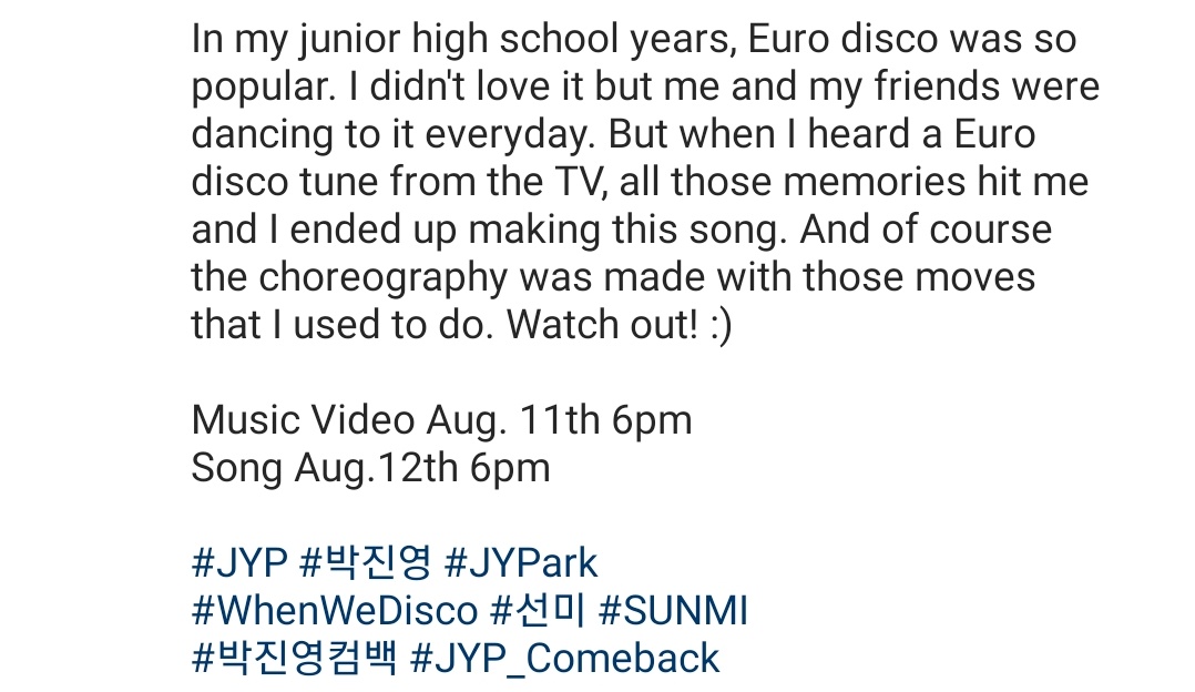 Sunmi Union Info Jyp Revealed With A Post On Instagram That The Mv For When We Disco Will Be Released On August 11th At 6pm Kst While The Song Will