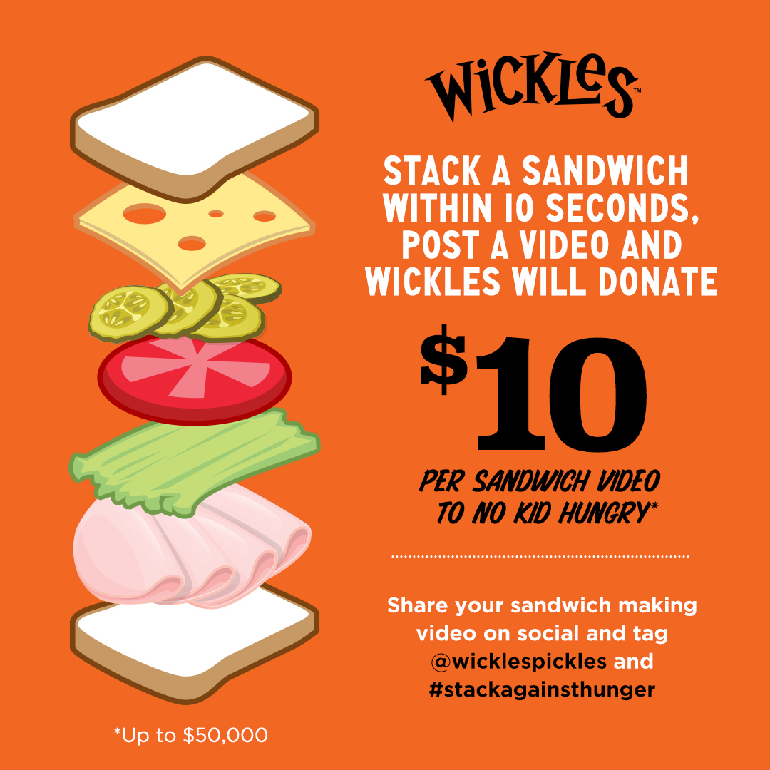 WicklesPickles's tweet image. @BuzzFeedFood will you help Wickles fight childhood hunger? For every sandwich video posted to social with @WicklesPickles and #stackagainsthunger tagged, Wickles will donate $10 to No Kid Hungry! Get stacking y'all!