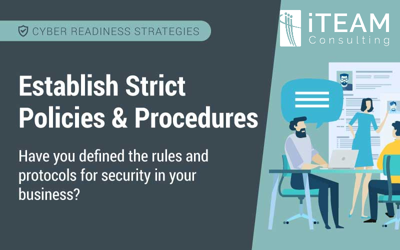 iTEAMNM's tweet photo. The 12 Cyber Readiness Strategies: Part 3 - Establish Strict Policies and Procedures. While security-focused protocols are essential, a system of validation and enforcement is equally important. After all, rules without consequences are merely suggestions. https://t.co/J95a0ifUkY