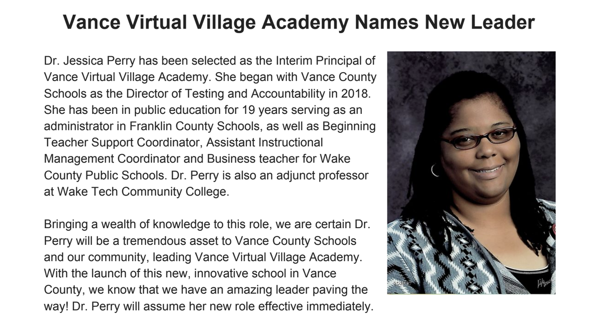 VanceCoSchools's tweet photo. Vance Virtual Village Academy has a familiar face leading the way as we kick off the 2020-2021 school year. V3 families are being contacted by Dr. Perry with additional information - please check your email! https://t.co/RjmkQLdzWA
