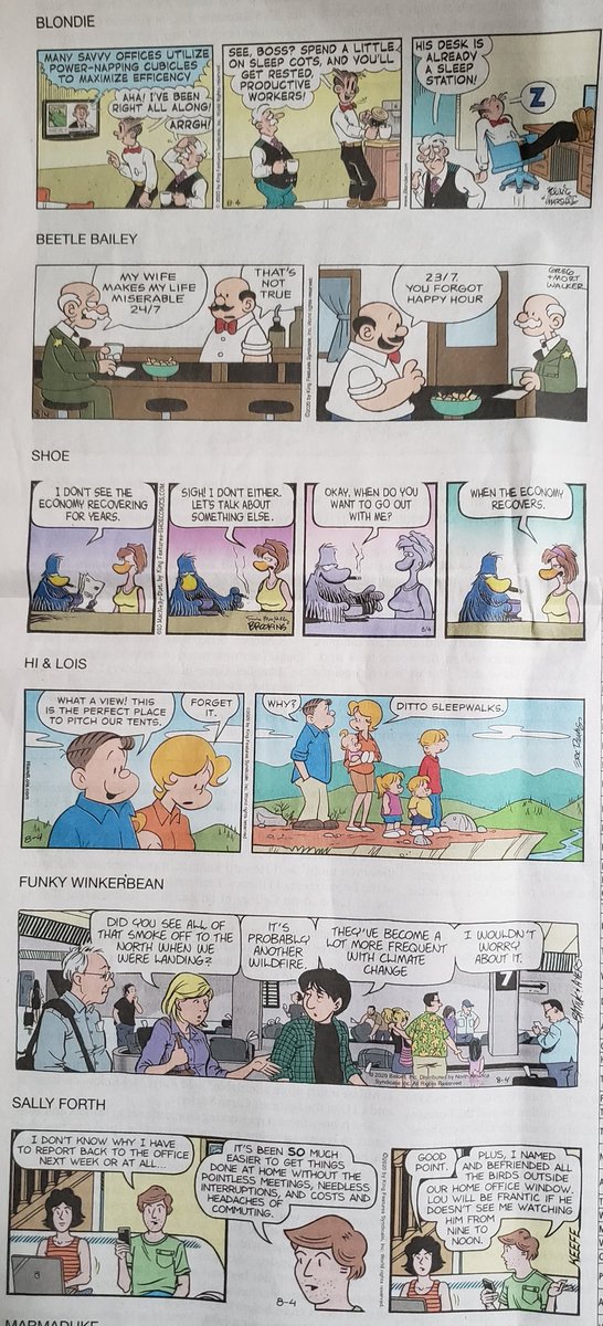 BLONDIE: no masks, Mr Dithers is high riskBEETLE BAILEY: bar open, Gen. Halftrack is high riskSHOE: economy is badHI & LOIS: evergreen (why would Hi think this is a good spot?)FUNKY WINKERBEAN: climate change is real but 0 masksSALLY FORTH: working from home is for the birds