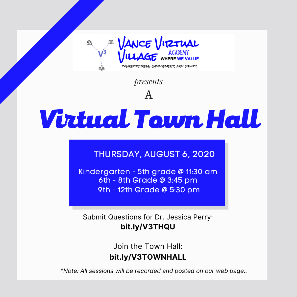 DrJPerry31's tweet photo. ATTENTION: Vance Virtual Village Academy Students and Parents - Please join me on Thursday, August 6th for our 1st Virtual Town Hall. All enrolled families were sent an email with more information! @VanceCoSchools https://t.co/U8ssaLOCBl