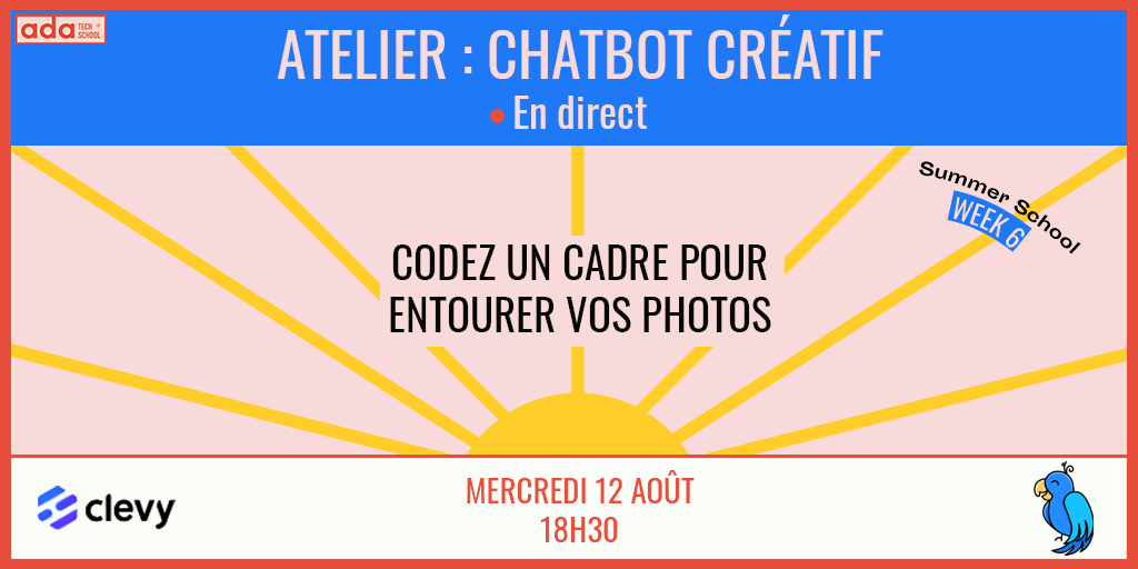 adatechschool's tweet photo. ☀️L'été n'est pas fini ! Et la Summer School non plus !

😎Vous aimez prendre des photos ? Créez un chatbot pour les personnaliser !

➡️Ouvert à tous les niveaux ! Inscription :https://t.co/x2BhX3DOFL

#code #girlcancode @clevyio #creativecoding #selfie #hackeuse #entreprise https://t.co/Yn6VK8TbPk
