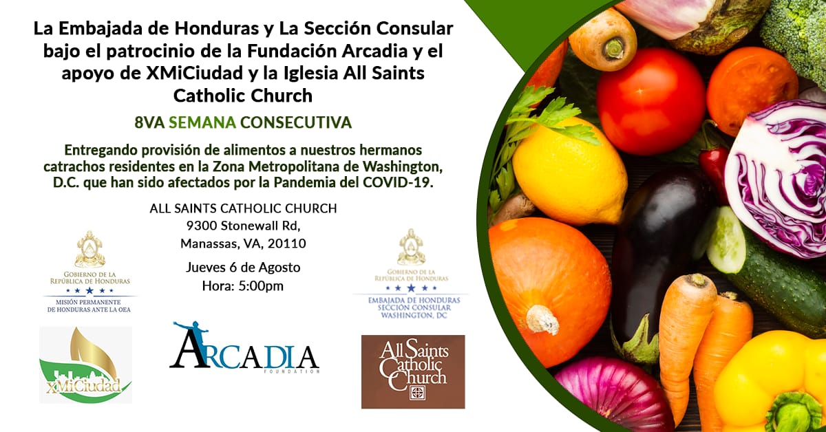 Siempre con el auspicio de Fundación Arcadia y el apoyo de XMiCiudad y la iglesia All Saints Catholic Church este jueves 06 de agosto  a las 5:00 p.m. estaremos en Manassas, VA, entregando cajas de alimentos. TE ESPERAMOS!!!