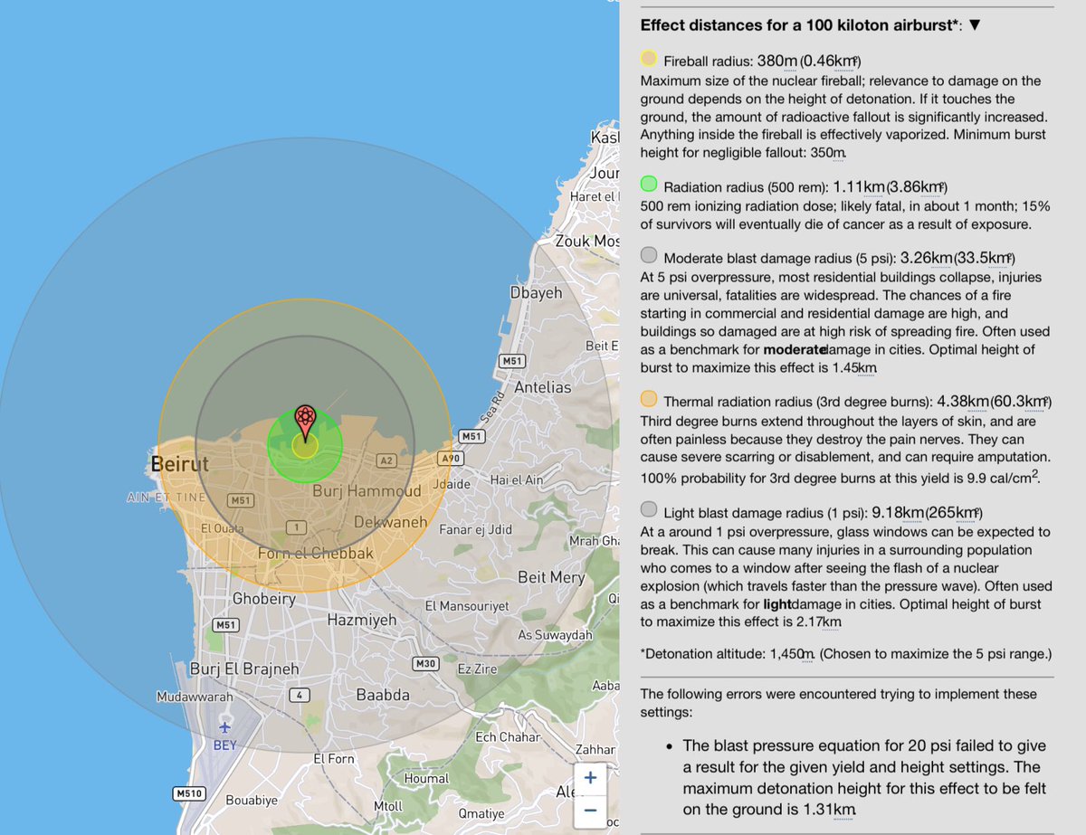 in fact it might even be a conservative estimate bc of this reporting to get a light damage radius of 10km I had to increase the payload to 100kt, which would make it 6 times larger than the bomb dropped on Hiroshima that seems...a little extreme; so probably not accurate