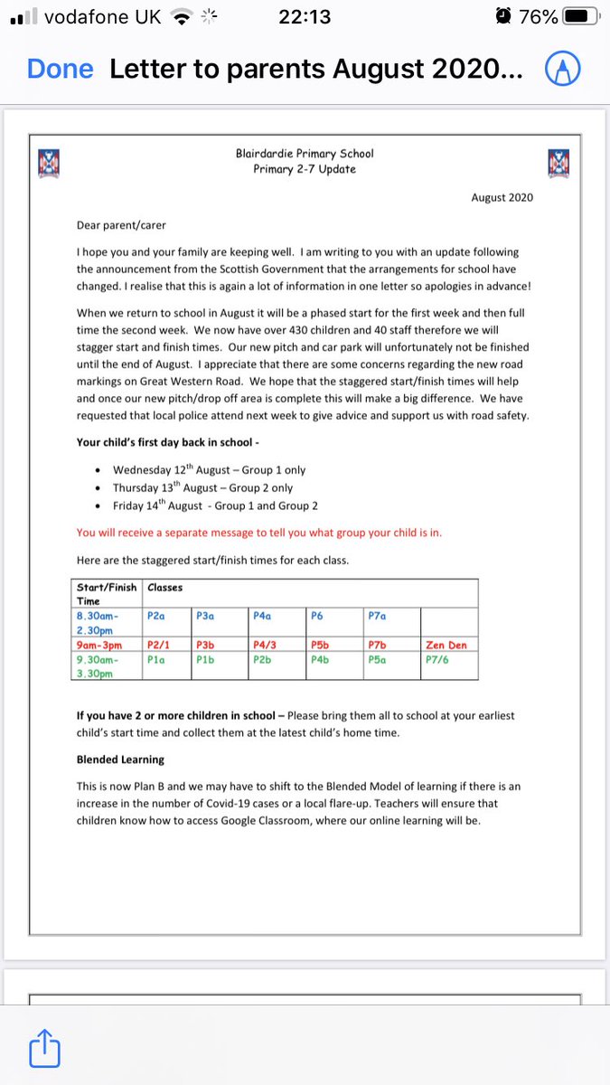 Blairdardiepri's tweet photo. We have emailed our recovery plan to P2-7 parents. Tomorrow we will send a message to tell you which group your child is in. P1 info being sent separately. We are looking forward to welcoming the children back next week! #backtoschool https://t.co/pw82YMGZYf