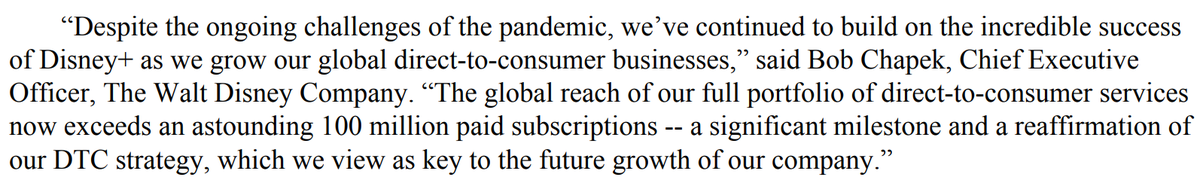 1/  $DIS 2020 Q3 earnings are out:Revenue $11.8B,  42% YOYDiluted EPS $0.08, 94% YOYFCF $454M (actually up from -$3B YOY)CEO Bob Chapek: "Global reach of our full portfolio of direct-to-consumer services now exceeds an astounding 100 million paid subscriptions..."