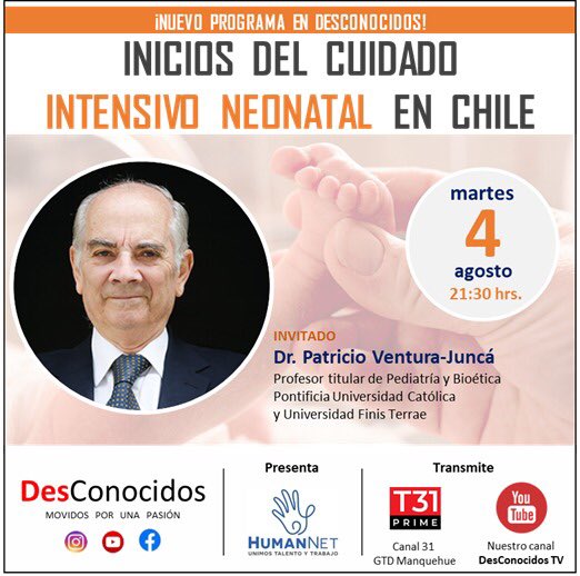 Tremendo invitado el de hoy!! 
El de. Patricio Ventura-Juncá conversa en nuestro programa #DesConocidos que estrenamos esta noche por nuestro canal de YouTube y por <a href="/tendenciasprime/">Tendencias Prime</a> a las 21:30
#DesConocidos
#MovidosPorUnaPasión
#ProgramaTV
#Neonatología #Pediatría
#SaludPública