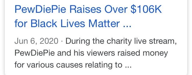 lori01serr's tweet photo. For everybody scrolling through the Pewdiepie trending page, a quick glance at what hes been up to:
-$1.3 mil to support those with HIV/AIDS
-$340k to Save the children
-106k to BLM
-100k donations MONTHLY to rotating charities

&amp; Twitter is making fun of the music he listens to https://t.co/rb8S9VfsBP