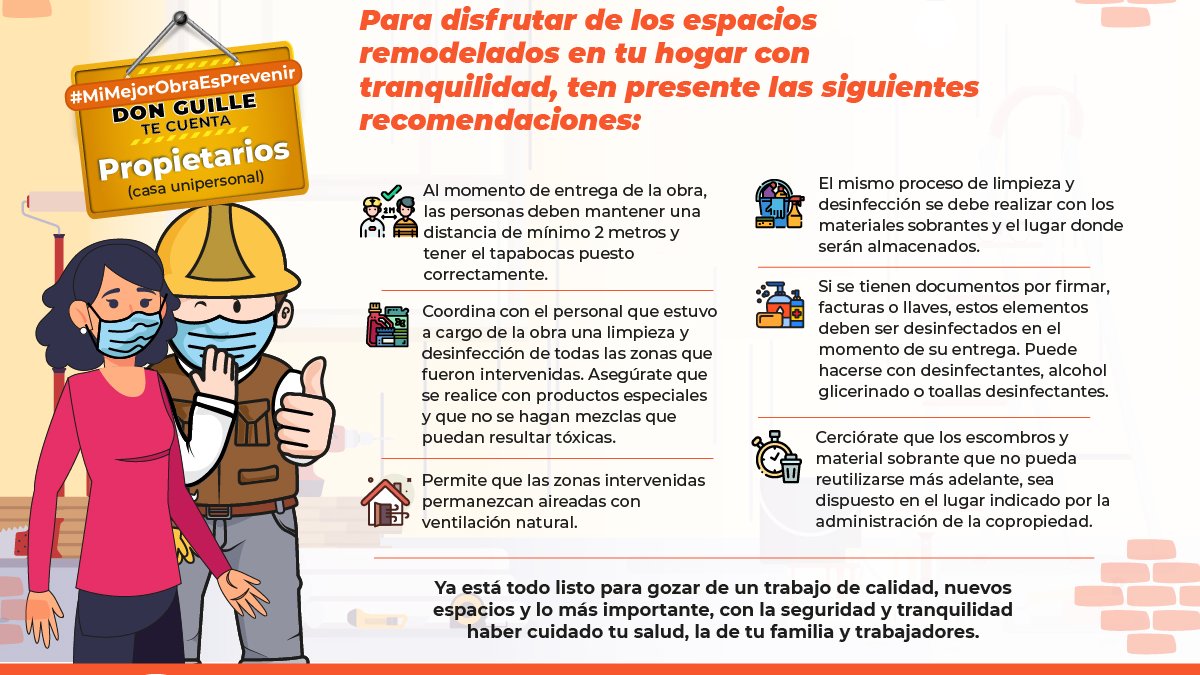 MPrevenir's tweet photo. Al finalizar la obra de remodelación en tu vivienda y antes de ser entregada por parte del trabajador, #DonGuille te recomienda realizar los siguientes pasos #MiMejorObraEsPrevenir https://t.co/ztEou2PdnE