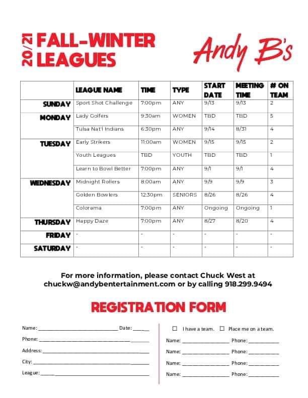 Our official Fall Leagues flyer. Just call on me or Sharon Gorman @ Andy B’s to sign up! Happy Daze league might max out at 32 teams this season, so hurry! ❤️🎳 #AndyBs #AndyBsTulsa