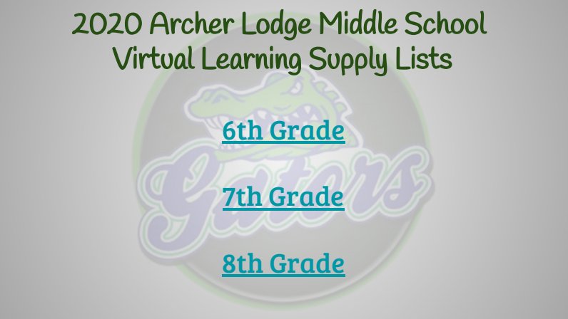 Hey Gators! Supply lists are located on the ALMS website @ johnston.k12.nc.us/alms