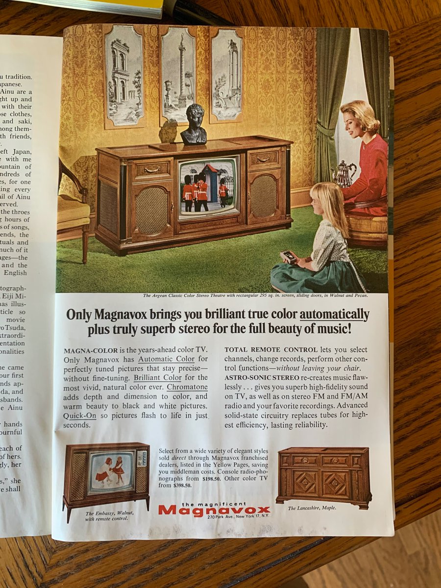 1967: Magnavox. Look at that fine piece of television furniture. Random underlining of words was also big back then.