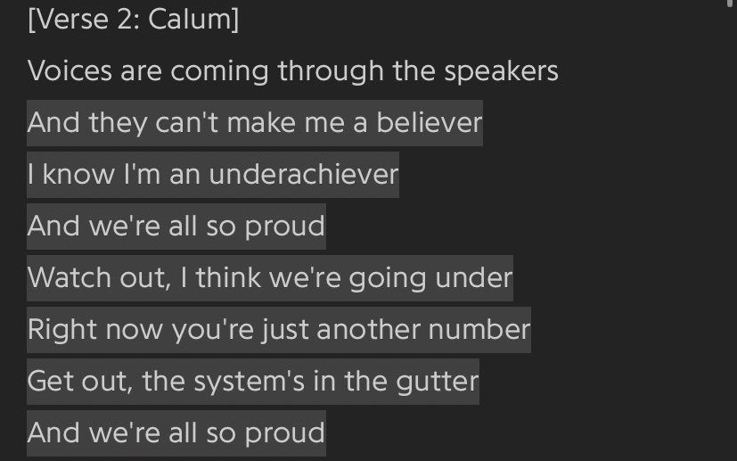 - these verses might mean the power that the media has to control the masses, also, calum sings “we’re all so proud”, which gives strength to the previous theory.the last verses talk about how the system is failured and how the people are seen meaningless, “just another number”