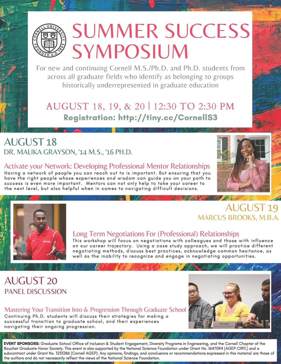 @Cornell grads - register now for the 2020 Summer Success Symposium!  Aug 18-20, 12:30-2pm ET. Register at bit.ly/CornellS3; Agenda at gradschool.cornell.edu/diversity-incl… @BGG2gradschool @CUFutureFaculty @IMSDCornell @CIRTL_AGEP_NSF @Cornell_DPW @VPAA_Cornell