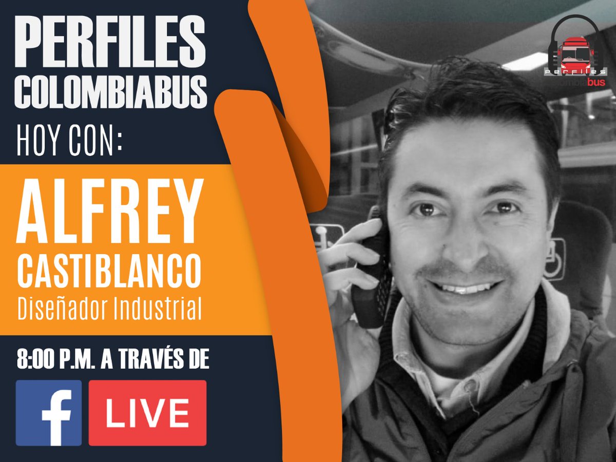 latinobus's tweet photo. Hoy en #PerfilesColombiabus, nuestro invitado es el #DiseñadorIndustrial, Alfrey Castiblanco, un apasionado del bus y siempre con las formas en su mente, quien nos contará su trayectoria y desarrollos en bioseguridad que propone. La cita es a las 8PM vía #FacebookLive @COTERCO1 https://t.co/EQqhiNx28l