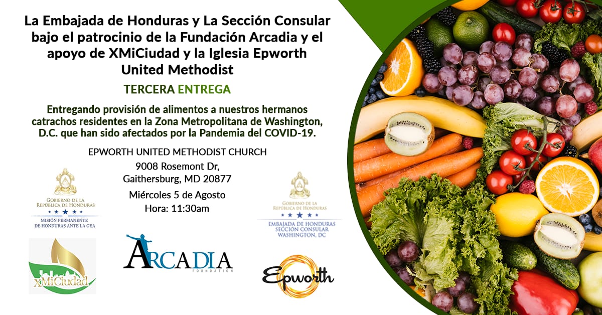 Siempre con el auspicio de Fundación Arcadia y el apoyo de XMiCiudad y la iglesia Epworth United Methodist Church este miércoles 05 de agosto  a las 11:30 a.m. estaremos en Gaithersburg, MD, entregando cajas de alimentos. TE ESPERAMOS!!!