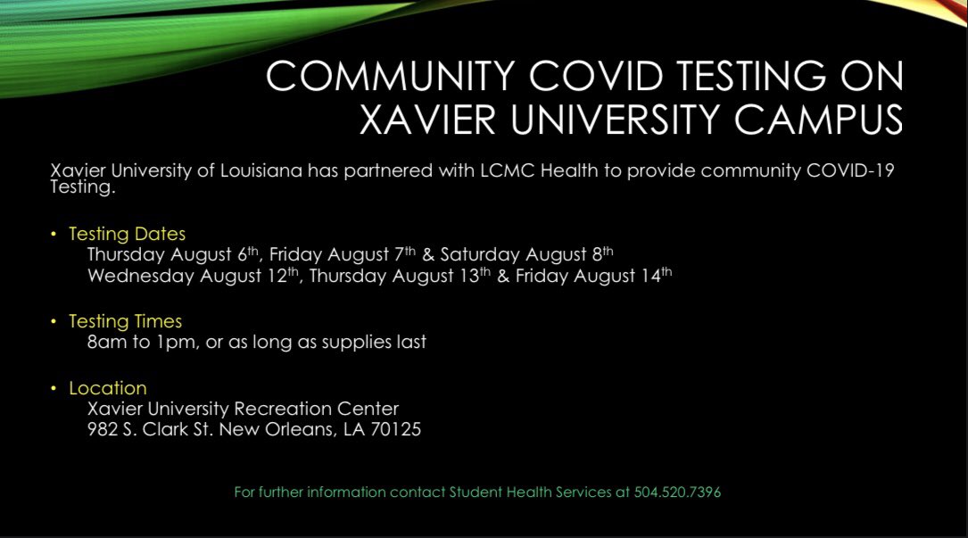 XULASGA's tweet photo. The university is offering free COVID-19 testing while supplies last at the Recreation Center, starting this Thursday from 8 am-1 pm! Take advantage of this opportunity to get tested and stay safe. #WeMask #WeClean #WeDistance #OneSafeXULA https://t.co/G80OhVjbJf