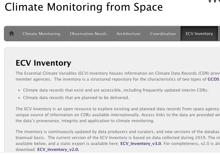 CEOSdotORG's tweet photo. The @CEOS/@CGMS Working Group on Climate (#WGClimate) just released a new version of the #EssentialClimateVariables Inventory, a database of info on satellite-derived #ClimateDataRecords addressing the #GCOS ECVs. Get access & learn more: https://t.co/L8wNfeWlnD https://t.co/vAcIaulPmp