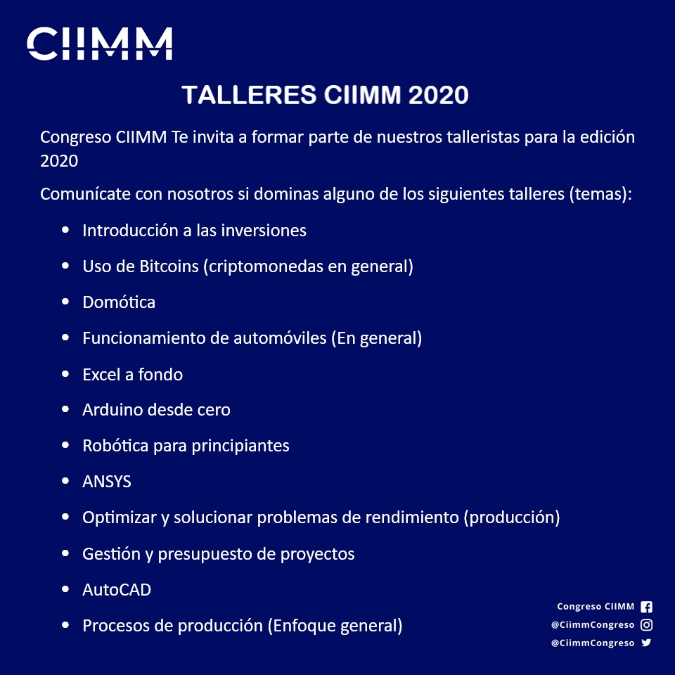 CiimmCongreso's tweet photo. El Congreso Internacional de Ingenierías Mecánica, Mecatrónica y Aeronáutica te invita a ser uno de nuestros próximos #talleristas para la edición 2020 👨‍💻👩‍💻
Contáctanos con un mensaje para conocer más información
#congreso #congresociimm https://t.co/v3aY9KqSJG
