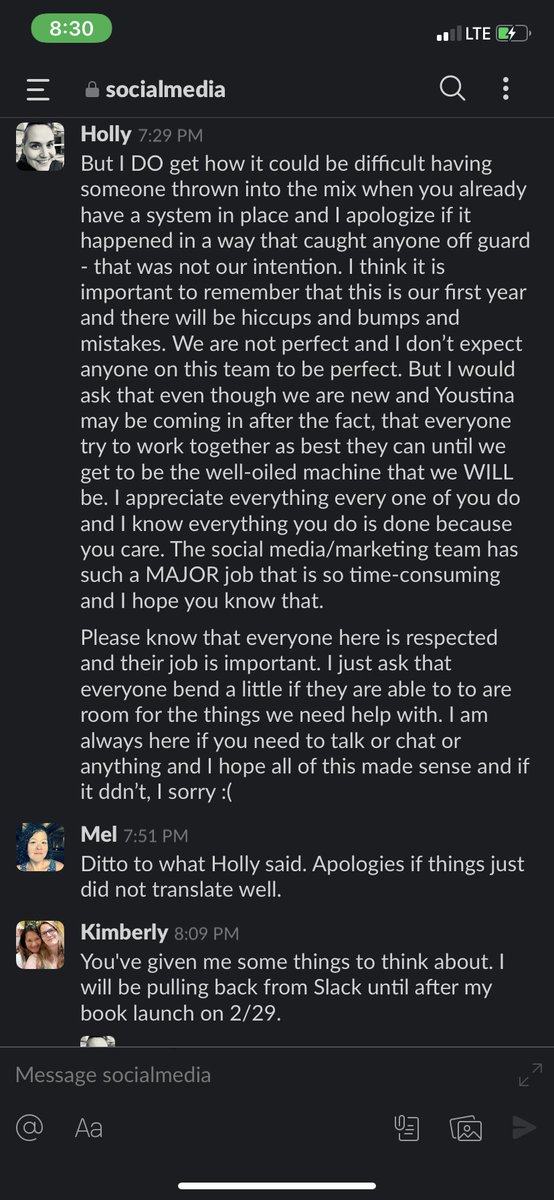 Until a comment was made in slack about how I’m “not a team player,” or how I “don’t do any work,” in which Holly herself had to get involved and stood up for me regarding the pushback I had received initially.