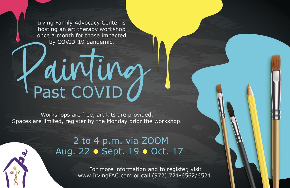 IrvingPD's tweet photo. Mark your calendars! The Irving Family Advocacy Center is hosting FREE art therapy workshops! Art kits will be provided but spaces are limited! Dates are 08/22, 09/19, &amp; 10/17 and you must register by the Monday prior to the workshop. To register please call (972)721-6562 https://t.co/5i4LX6usEK