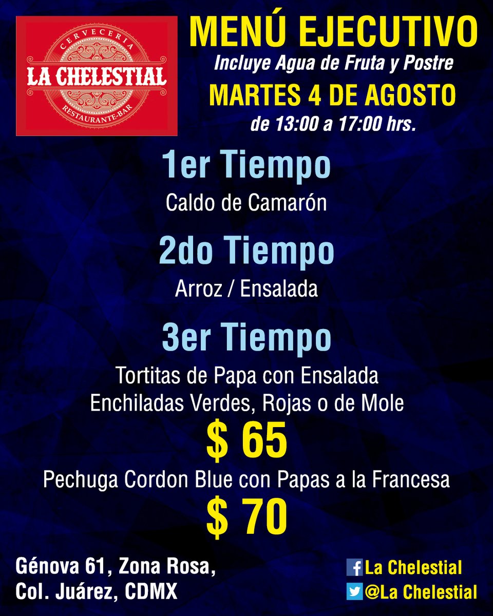 Este #Martes es el día perfecto para saborear el delicioso #MenúEjecutivo de #LaChelestial, sabor y calidad incomparable ¡No te lo puedes perder!