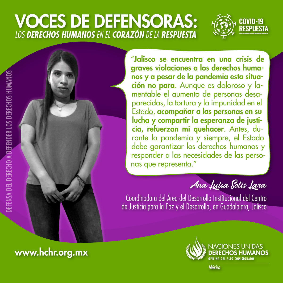 ONUDHmexico's tweet photo. Ana Luisa Solís, coordinadora del Área del Desarrollo Institucional del @CEPAD_AC, destaca que el aumento de casos de desaparición, tortura e impunidad durante la #pandemia es lamentable y alza la voz con quienes están en busca de justicia.

#VocesdeDefensoras #ONUMxCovid19 https://t.co/awMJNlUi8A