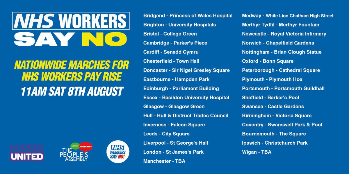 nurses_united's tweet photo. This *Saturday* we're holding demos across the UK to demand a 15% pay rise for NHS workers.

Healthcare workers have been overworked and underpaid for too long.

Find you local demo here. #NHSPay15 

https://t.co/4XbOjx2bMM https://t.co/v0HWhWTnyM
