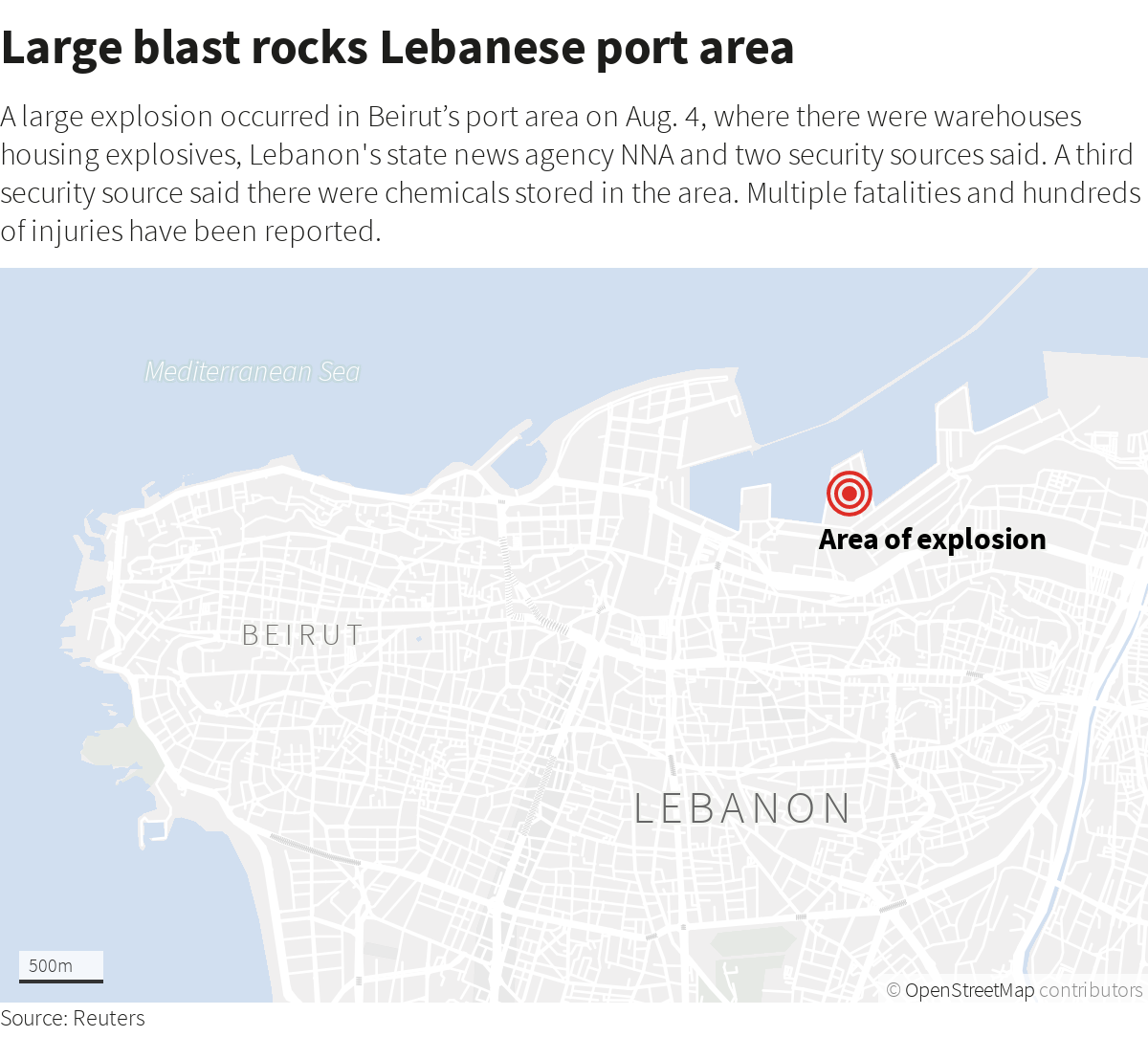Lebanon's interior minister says initial information indicates highly explosive material seized years ago blew up, though the cause of explosion won't be determined until an investigation is complete  https://graphics.reuters.com/LEBANON-SECURITY/BLAST/xklvydjjqpg/chart.png