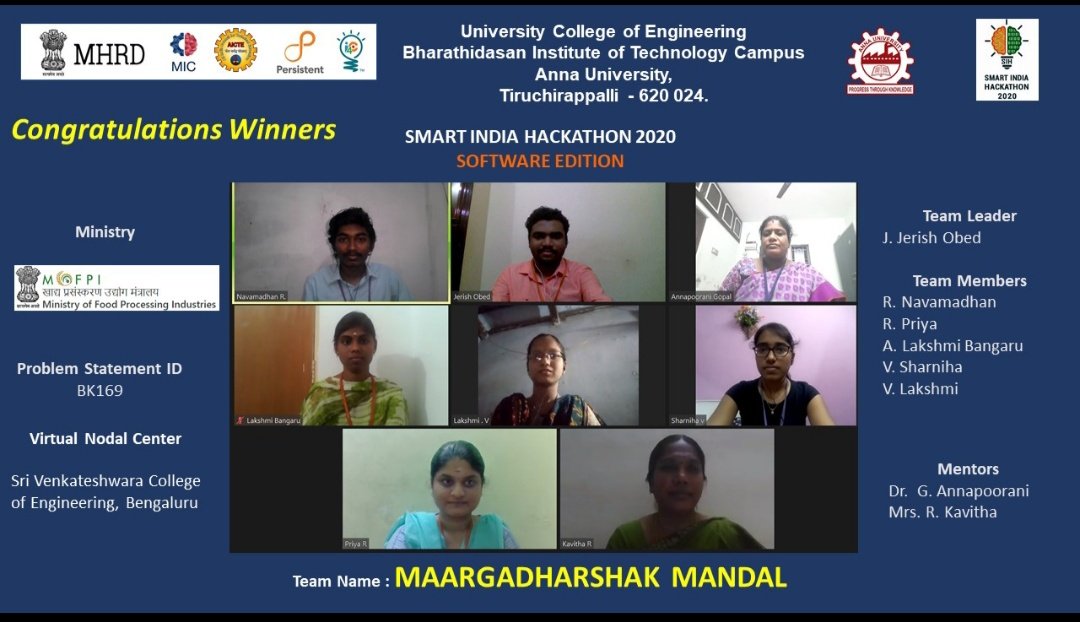 jerish_obed's tweet photo. Finally our team #MaargadarshakMandal won #SmartIndiaHackathon2020
For the problem statement Bk169 by @MOFPI_GOI thank everyone for your supports @kmtsenthil 
Our virtual nodal Center @SvceBengaluru Team done a great job on organizing this Virtual Hackathon https://t.co/HTbP0WFGm9