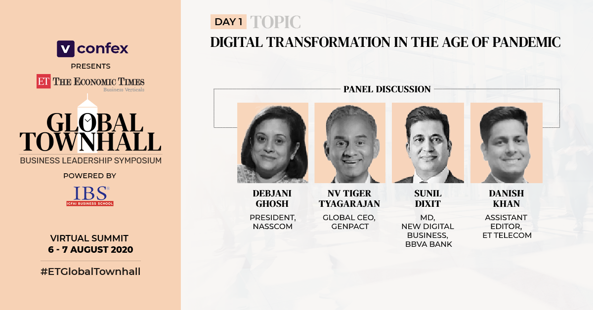 ETBrandEquity's tweet photo. At #ETGlobalTownhall, Watch @debjani_ghosh_ , @tyagarajan, Sunil Dixit in an engaging panel discussion moderated by @DanishKh4n, Assistant Editor, 
@ETTelecom, as they share their thoughts on Digital Transformation.

Register Now:  https://t.co/HgsFmT6GQy https://t.co/HpcvWlDkt5