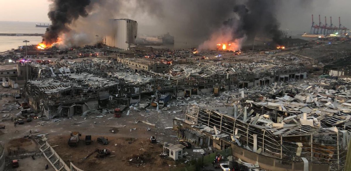 AAhronheim's tweet photo. The port of #Beirut looks like a war zone. Absolute tragedy https://t.co/sJrvOGun6u