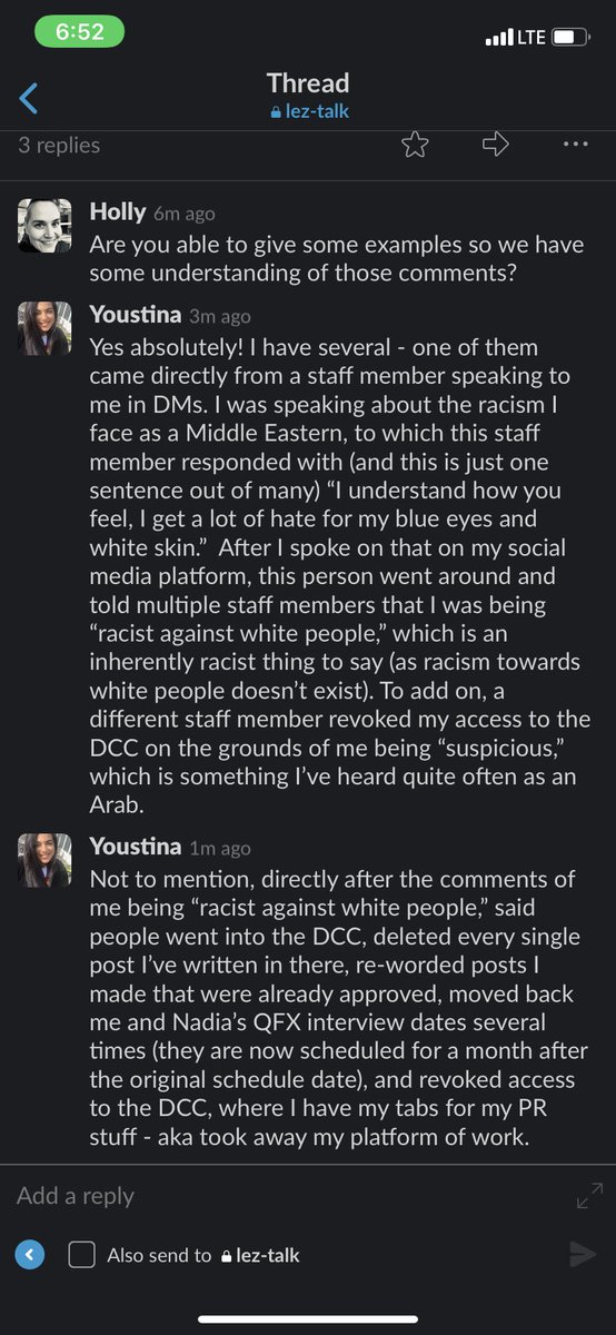 This was the first time I brought up said concerns to Holly, the founder, and it was EXTREMELY mishandled. As a white person, telling a poc that “I don’t think their intent was to be racist” (which she had told me over the phone at a later time) is a form of racial gaslighting.